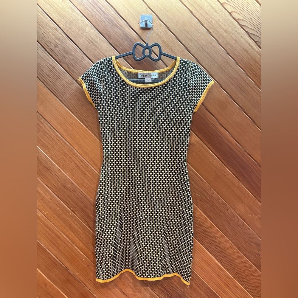 Vintage Mustard Yellow Black Patterned Bodycon Dress